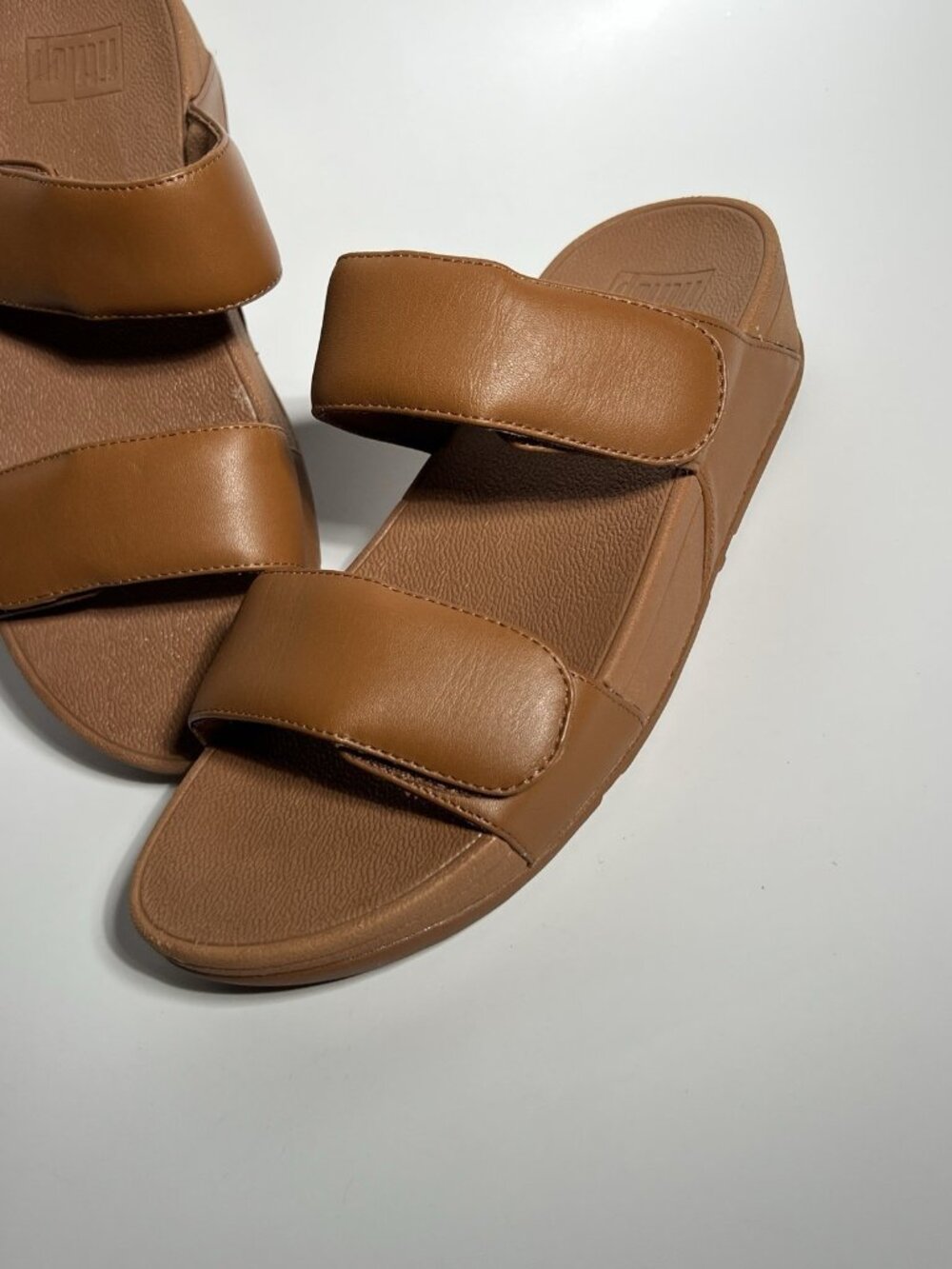 FitFlop Lulu Tan Leather Adjustable Wedge Slides Women US 8 UK 6 EU 38